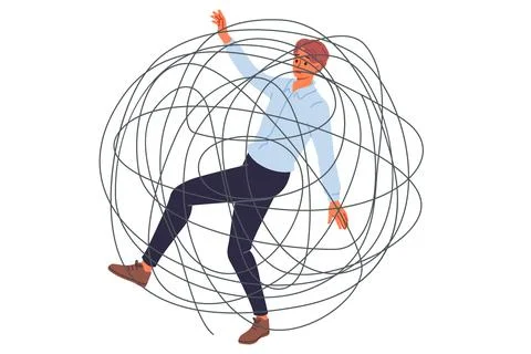 Business man is trapped in problems and troubles and risks going bankrupt and Illustrazione stock