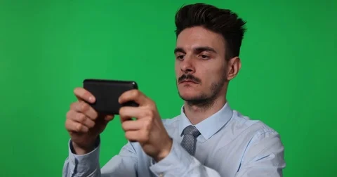 Business Man Typing Message with Mobile Phone Team Sms Green Screen Background Stock Footage 77038953