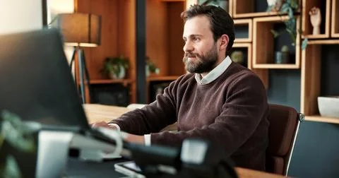 Business man, typing or programming with computer for app development, website Stock Photos