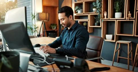 Business man, typing or programming in office for app development, website Stock Photos