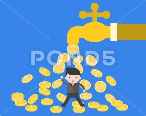 Business man under falling coins from water tab Stock Illustration