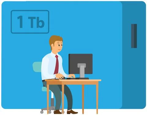 Business man uploading large data files into external hard disk, information イラスト素材