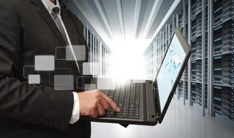 Business man use notebook in server room Stock Illustration
