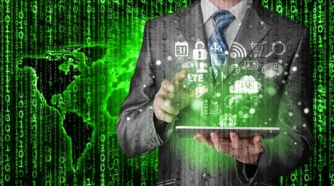 Business man use tablet pc with colorful application icons Stock Illustration
