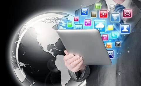 Business man use tablet pc with colorful application icons Stock Illustration