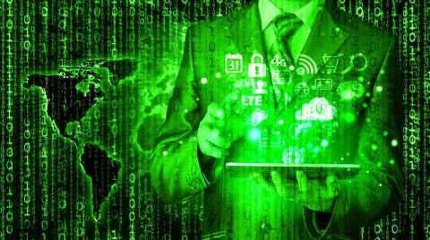 Business man use tablet pc with colorful application icons Illustrazione stock