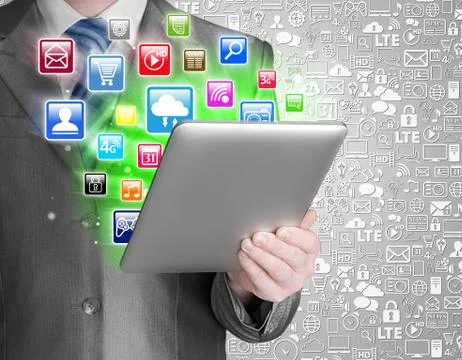 Business man use tablet pc with colorful application icons Illustrazione stock