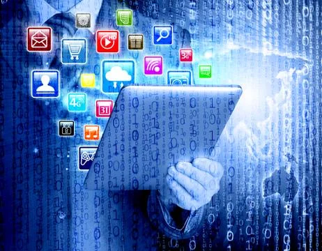 Business man use tablet pc with colorful application icons Stock Illustration