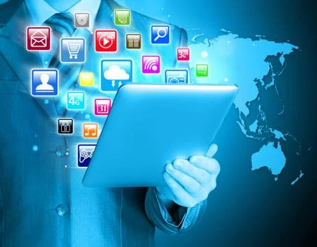 Business man use tablet pc with colorful application icons Stock Illustration