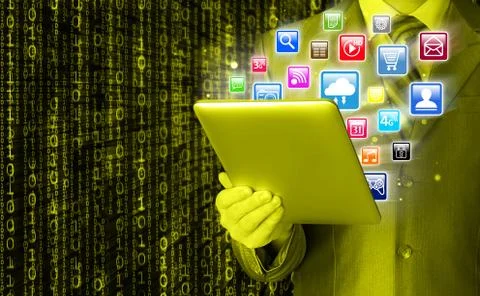 Business man use tablet pc with colorful application icons Stock Illustration