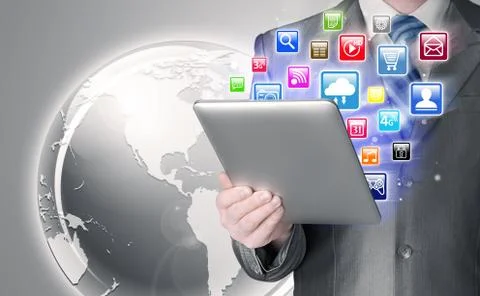 Business man use tablet pc with colorful application icons Illustrazione stock