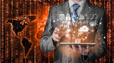 Business man use tablet pc with colorful application icons Stock Illustration