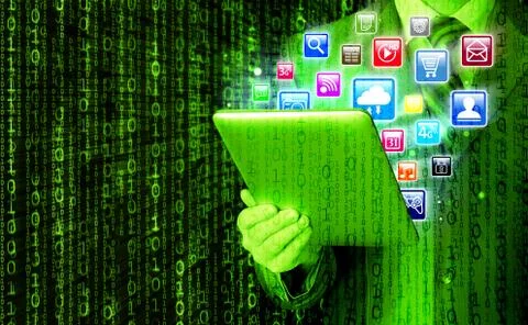 Business man use tablet pc with colorful application icons Stock Illustration