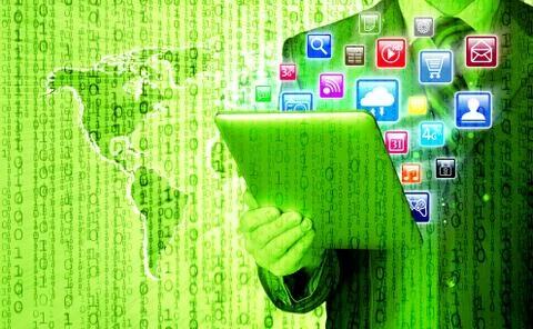 Business man use tablet pc with colorful application icons Illustrazione stock