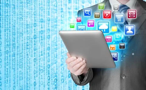 Business man use tablet pc with colorful application icons Stock Illustration