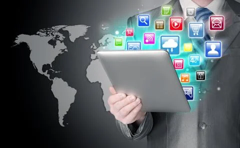 Business man use tablet pc with colorful application icons Stock-Illustration