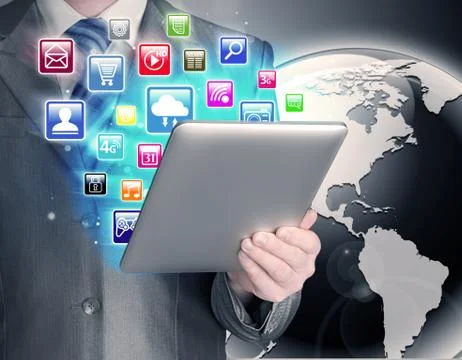 Business man use tablet pc with colorful application icons Illustrazione stock