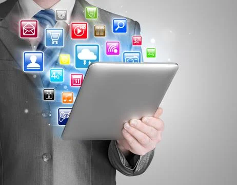 Business man use tablet pc with colorful application icons Stock Illustration