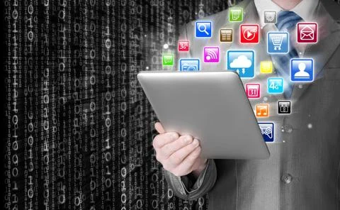 Business man use tablet pc with colorful application icons Stock Illustration