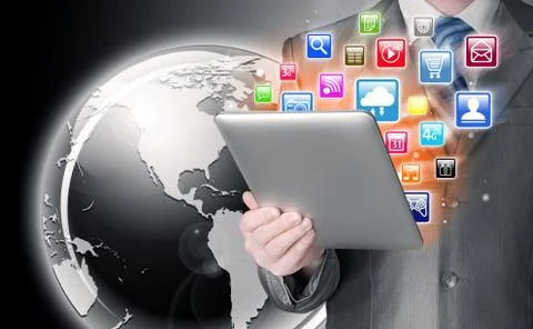 Business man use tablet pc with colorful application icons Stock Illustration