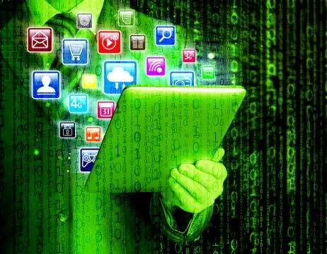 Business man use tablet pc with colorful application icons Stock Illustration