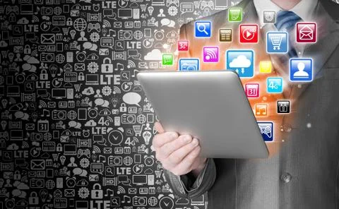 Business man use tablet pc with colorful application icons Stock Illustration