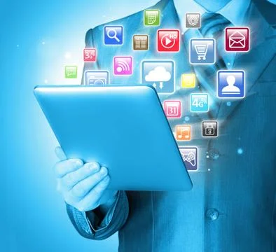 Business man use tablet pc with colorful application icons Illustrazione stock