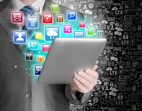 Business man use tablet pc with colorful application icons Stock Illustration