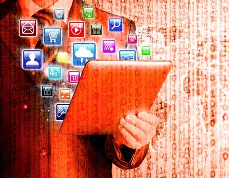 Business man use tablet pc with colorful application icons Illustrazione stock