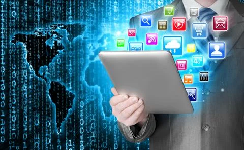 Business man use tablet pc with colorful application icons Stock Illustration