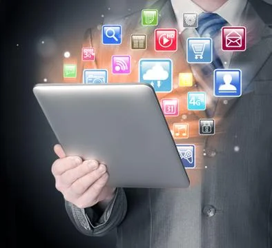 Business man use tablet pc with colorful application icons Stock Illustration