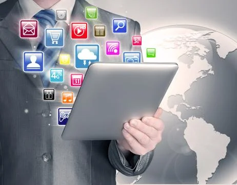 Business man use tablet pc with colorful application icons Stock Illustration