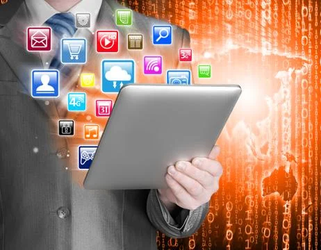 Business man use tablet pc with colorful application icons Stock-Illustration