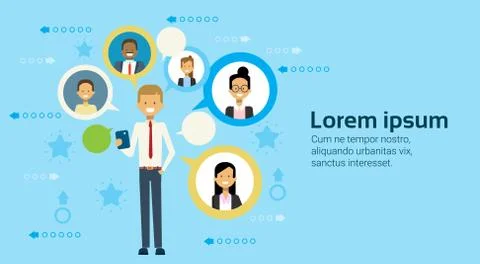 Business Man Using Cell Smart Phone Communicating With Businesspeople Networking Stock Illustration