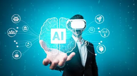 Business man using chat bot to support and assistant performance. Deviation. Stock Photos
