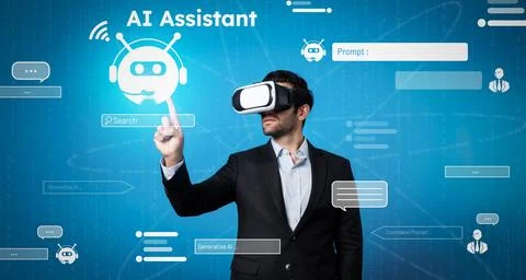 Business man using chat bot to support and assistant performance. Deviation. Stock Photos