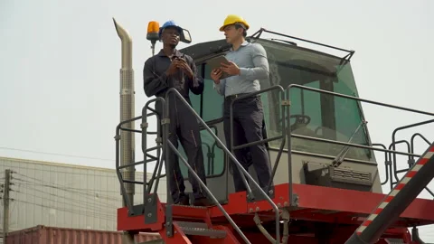 Business man using laptop  checking list inventory loading Containers box dis Stock Footage 154685471