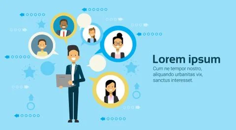 Business Man Using Laptop Computer Networking With Businesspeople Team イラスト素材