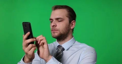 Business Man Using Mobile Phone Browsing Website Company Green Screen Background Stock Footage