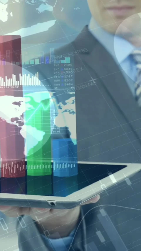 Business man using numeric tablet against finacial data 4k 스톡 동영상 342594026