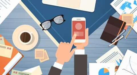 Business Man Using Smart Phone Workplace Desk Documents Papers Folder Office Stock Illustration