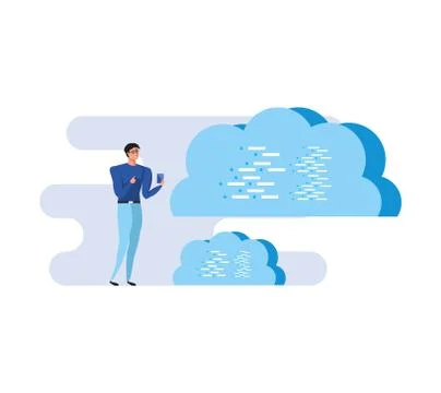 Business man using smartphone with clouds computing Illustrazione stock