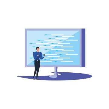 Business man using smartphone with computer monitor Illustrazione stock