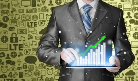 Business man using tablet computer to work with financial data Stock Illustration