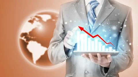 Business man using tablet computer to work with financial data Illustrazione stock