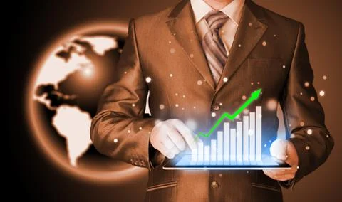 Business man using tablet computer to work with financial data Stock Illustration