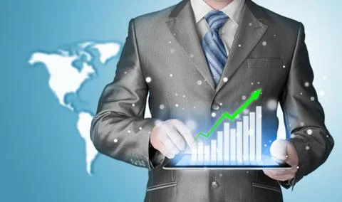 Business man using tablet computer to work with financial data Stock Illustration