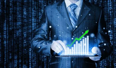 Business man using tablet computer to work with financial data Stock Illustration