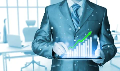 Business man using tablet computer to work with financial data Illustrazione stock