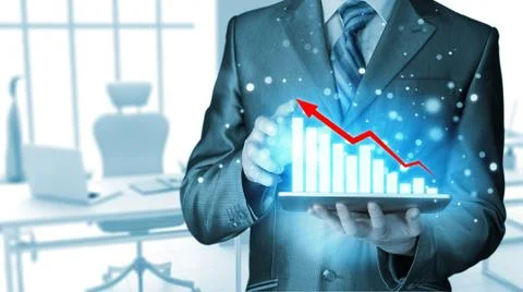 Business man using tablet computer to work with financial data Illustrazione stock